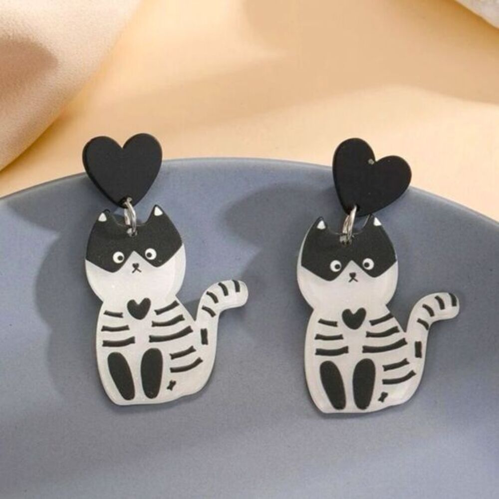 Halloween Goth Lolita Calavera Skeleton Black Kitty Cat Dangle Earrings
